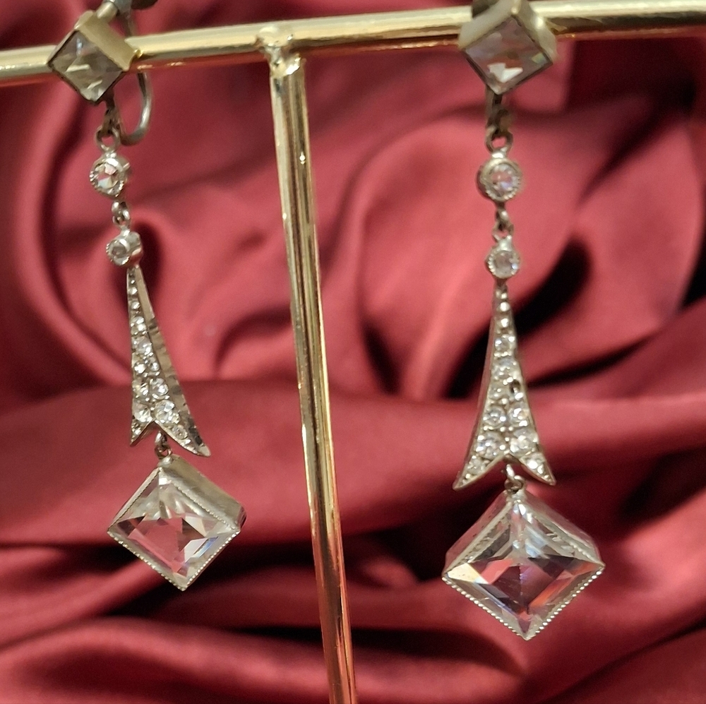 Art Deco Faceted Czech Glass Silver Drop Screwback Earrings Vintage